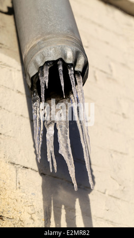 transparente Eiszapfen auf ein Fallrohr Stockfoto