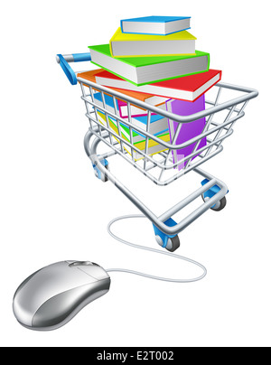 Onlinebuch Bildung oder Internet shopping Konzept einer Computermaus mit einem shopping Karren oder Wagen voller Bücher verbunden Stockfoto
