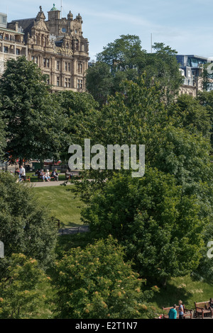 Bäume der Princes Street Gardens vor Jenners Department an einem sonnigen Tag. Stockfoto