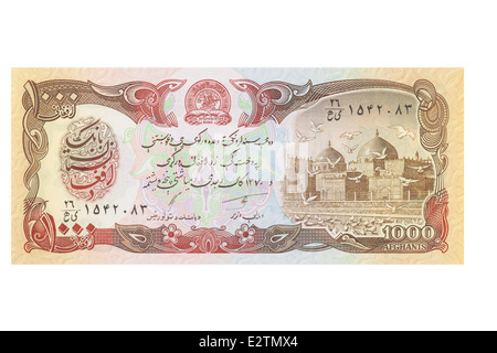 Afghanische 1000 Afghani Banknote auf weißem Hintergrund Stockfoto