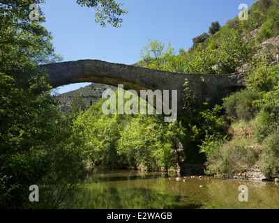 Alte Brücke über den Fluss Vis im Dorf Navacelles, Gorges De La Vis, Gard Abteilung Languedoc-Roussillon, Südfrankreich Stockfoto