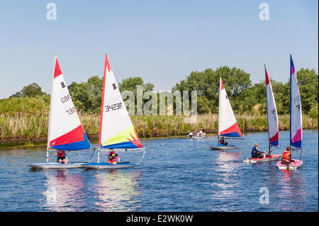 Norfolk, Großbritannien. 21. Juni 2014. Kinder von Beccles Amateur Sailing Club genießen Sie einen perfekten Sommertag auf dem Fluß Waveney auf den Norfolk Broads in Norfolk, England, Großbritannien, Uk Credit: T.M.O.News/Alamy Live News Stockfoto