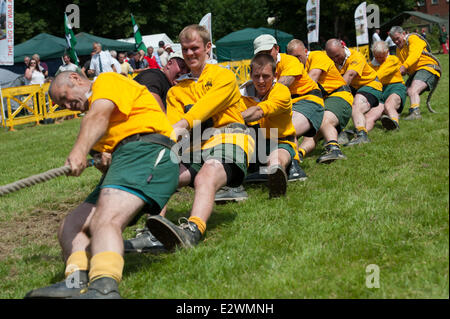 Lincoln, UK. 21. Juni 2014. Mitglieder des Lincoln Tauziehen Teams erwarten den Beginn der Wärme in die Männer-700kg-Klasse. Lincoln sind offene Club Europameister. Die Gewinner werden eingeladen, bei den Weltmeisterschaften in Winconsin, USA zu konkurrieren. Bildnachweis: David Mark/Alamy Live-Nachrichten Stockfoto