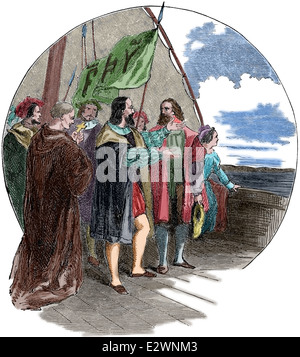 Columbus Land entdecken. Die Inbesitznahme des Landes im Namen von König Ferdinand und Königin Isabela. Gravur. Farbe. Stockfoto