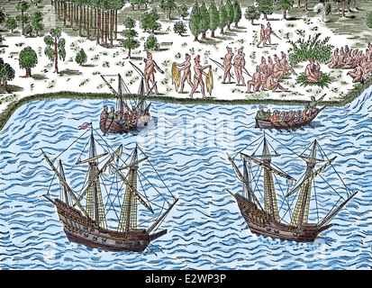 Französischen colonizer.1562 Jean Ribault (1520-1565) führen eine Expedition in die neue Welt. Zweite Vogage. Fort Caroline. Gravur. Stockfoto