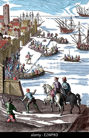 Einschiffung von Christopher Columbus in Palos De La Frontera, Spanien. Gravur. des 19. Jahrhunderts. Spätere Färbung. Stockfoto