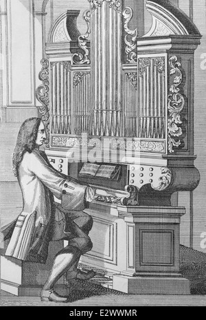 Musik. 17. Jahrhundert. Organist. Kupferstich von j.c. Weigel (1661-1726). Spätere Färbung. Stockfoto