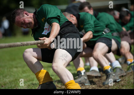 Lincoln, UK. 21. Juni 2014. Nationalen Outdoor Tauziehen Meisterschaften. Mitglieder des Vereins Holland Tauziehen im Wettbewerb im Finale der Herren 580 KG Klasse. Mannschaften aus über dem Land haben in der Kaserne Sobraon. Gewinner von vier Klassen werden eingeladen, bei den Weltmeisterschaften in Wisconsin, USA im August zu konkurrieren. Holland-Club aus Derbyshire, UK, gewann Silber, von zwei Dales Club geschlagen. Bildnachweis: David Mark/Alamy Live-Nachrichten Stockfoto