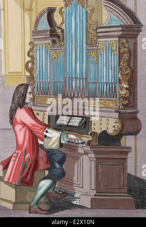 Musik. 17. Jahrhundert. Organist. Kupferstich von j.c. Weigel (1661-1726). Spätere Färbung. Stockfoto