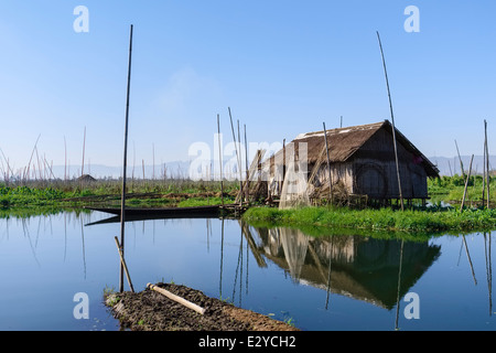 Strohgedeckte Hütte in schwimmenden Gärten, Inle-See, Myanmar, Asien Stockfoto