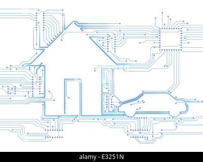 House und Elektro Auto zukünftiger Hausautomation Haustechnik konzeptionelle Darstellung isoliert auf weiss verbunden Stockfoto