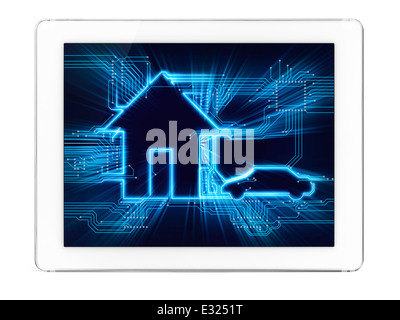 House und Elektro Auto zukünftiger Hausautomation Haustechnik Konzeptdiagramm auf dem Display eines Tablet-Computers angeschlossen Stockfoto