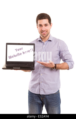 Junger Mann präsentiert Ihr Produkt in einen Laptop-computer Stockfoto