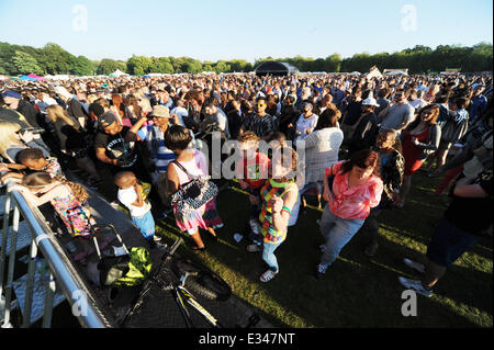 Africa Oye Festival 2014. Samstag 21. & Sonntag, 22. Juni 2014. Überprüfen Sie Feld, Sefton Park, Liverpool, England, Vereinigtes Königreich. Menge und allgemeine Ansichten Stockfoto