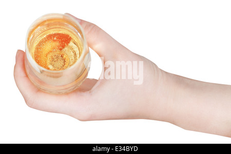 Draufsicht der Hand mit Glas mit Champagner isoliert auf weißem Hintergrund Stockfoto