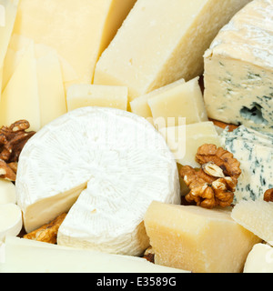 verschiedenen geschnittenen Käse und Walnüssen hautnah Stockfoto