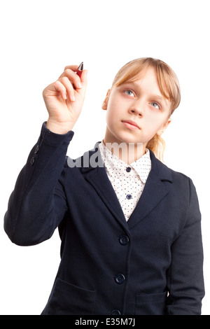 Blonde kaukasische Mädchen in der Schule mit Stift isoliert auf weiss Stockfoto