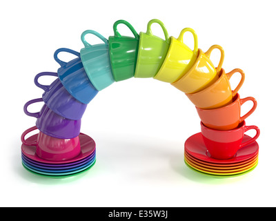3D Render des Turms aus bunten Tassen hergestellt. Isoliert auf weißem Hintergrund Stockfoto