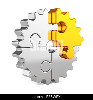 3D Render Metallgetriebe Puzzleteile mit Golden man auf weißem Hintergrund isoliert. Partnerschaft und Erfolg Konzept Stockfoto