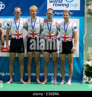 Aiguebelette, Frankreich. 22. Juni 2014. FISA World Rowing Cup. Die leichte 4 Herrenmannschaft des GBR gewinnt die Bronze-Medaille im Finale. Bildnachweis: Aktion Plus Sport/Alamy Live-Nachrichten Stockfoto