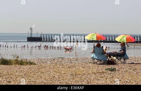 Während die Hitzewelle über den süd-östlichen Teil des Landes weiter, einige Mitglieder der Öffentlichkeit nutzen Sie das schöne Wetter durch den Besuch der Küstenstädte von Littlehampton und Worthing, West Sussex wo: Littlehampton, Vereinigtes Königreich: 18 Ju Stockfoto