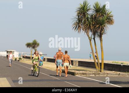 Während die Hitzewelle über den süd-östlichen Teil des Landes weiter, einige Mitglieder der Öffentlichkeit nutzen Sie das schöne Wetter durch den Besuch der Küstenstädte von Littlehampton und Worthing, West Sussex wo: Worthing, Großbritannien: 18 Jul 201 Stockfoto