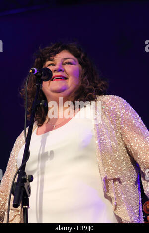 Cheryl Fergison und Marcus Collins führen mit der East Midland Sinfonia Viva Orchester bei The Darley Park Konzert, ein von Großbritanniens größten klassischen Freiluftkonzerte.  Marcus Collins wird star wie Jack und Cheryl Fergison als Geist der Bea Stern wird Stockfoto