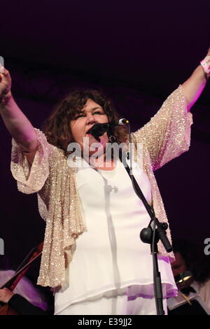 Cheryl Fergison und Marcus Collins führen mit der East Midland Sinfonia Viva Orchester bei The Darley Park Konzert, ein von Großbritanniens größten klassischen Freiluftkonzerte.  Marcus Collins wird als Jack Stern und Cheryl Fergison wird als Geist der Bohnen in Derby LIVE 2013 Weihnachtsmärchen, Hans und die Bohnenranke Stern.  Mitwirkende: Cheryl Fergison Where: Derby, Vereinigtes Königreich bei: 01 September 2013 Stockfoto