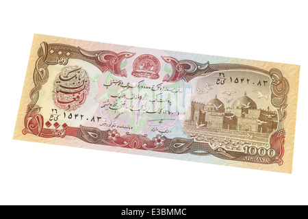 Afghanische 1000 Afghani Banknote auf weißem Hintergrund Stockfoto