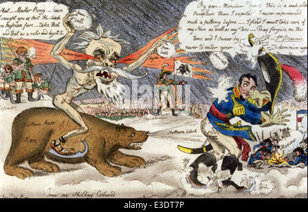 JACK FROST angreifen BONEY IN Russland handkolorierten cartoon von William Ulmen, ein Zeitgenosse von Gillray. Im Jahre 1812 veröffentlicht Stockfoto