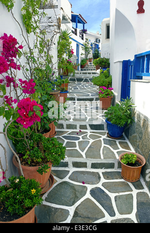 Einer malerischen und bunten Gasse im traditionellen Dorf Dryopida (Driopida), Kythnos Insel, Kykladen, Griechenland Stockfoto