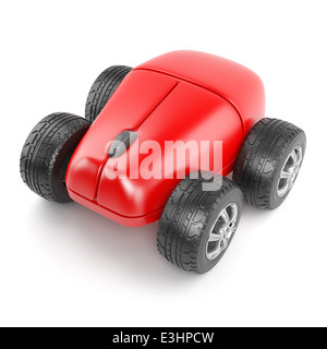 3D Red Computermaus auf Pkw-Räder Stockfoto