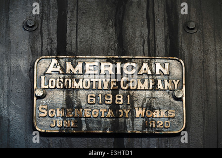 Typenschild auf der Sumpter Valley Railway Mikado Nummer 19 Lok Dampflok, Oregon. Stockfoto