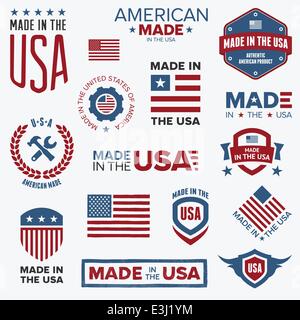 Reihe von verschiedenen Made in USA-Grafiken und Beschriftungen Stock Vektor