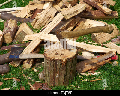 Ein Holzfäller Axt in einen Hackstock mit Spaltebrennholz um ihn herum. Stockfoto