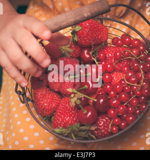 Kleines Mädchen hält Metallkorb mit Sommerfrüchten Stockfoto