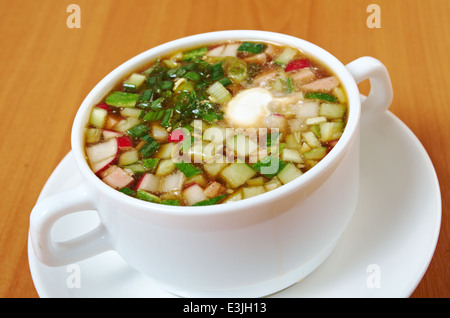 Russische traditionelle Sommer kalte Suppe, Lauchzwiebel Stockfoto