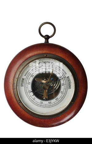 alte hölzerne Barometer auf weißem Hintergrund Stockfoto