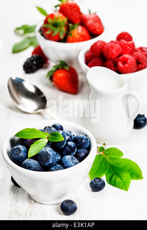 Beeren in Schalen auf hölzernen Hintergrund. Erdbeeren, Himbeeren und Heidelbeeren. Gesundheit, Ernährung, Gartenbau, Ernte-Konzept Stockfoto