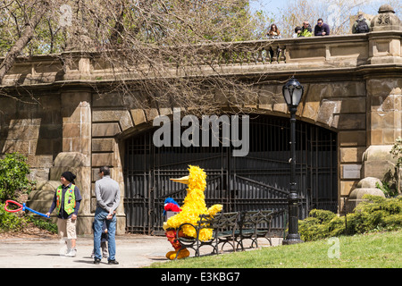 Große Vogel Charakter Entertainer sitzen auf einer Bank, Central Park, New York, USA Stockfoto