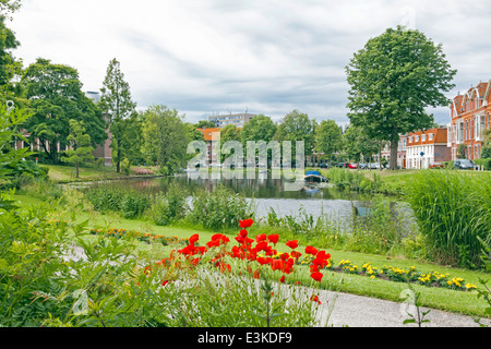 Blick auf Witte Singel Kanal von Hortus Botanicus, der Botanische Garten der Universität Leyden, Südholland, Niederlande. Stockfoto