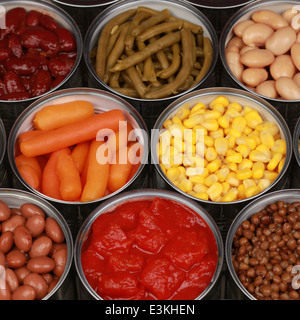 Verschiedene Arten von Gemüse wie Mais und Karotten in Dosen Stockfoto