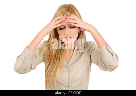 Isolierte Jungunternehmen Frau Kopfschmerzen Stockfoto