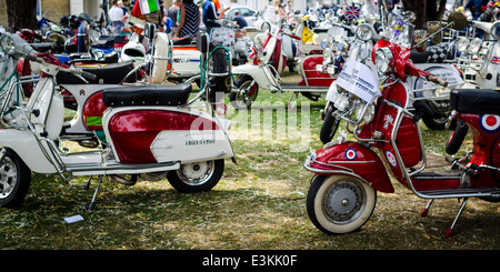 Oldtimer Roller zu den jährlichen Isle Of Wight Scooter Rally, Großbritannien. Stockfoto