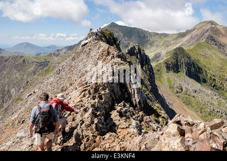 Wanderer, die Kriechen auf Krippe Goch ridge Jagt bei Beginn der Snowdon Horseshoe mit Mount Snowdon in Distanz. Snowdonia National Park (Eryri) Wales UK Stockfoto