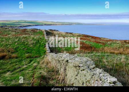 Trockenmauer mit Blick auf Bucht von Luce aus Mull of Galloway Stockfoto