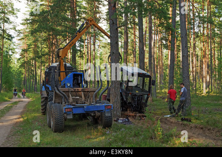 Traktor-Bruch im Holz. Der Traktor gepflügt eine Furche Aufteilung Wald Orte auf einen Feuersturm. Stockfoto