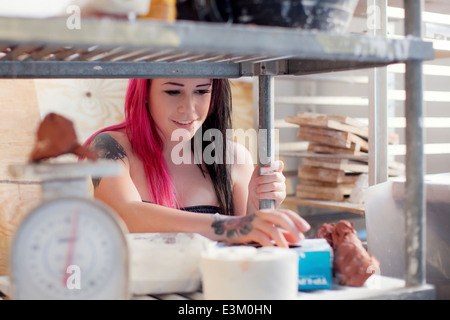 Bild der jungen Frau Griff nach Feld, Massachusetts, USA Stockfoto