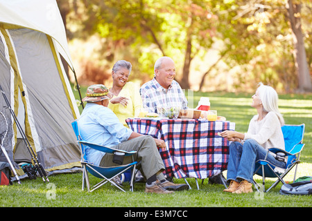 Zwei ältere Ehepaare genießen Camping-Urlaub In Natur Stockfoto