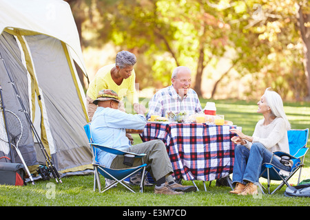 Zwei ältere Ehepaare genießen Camping-Urlaub In Natur Stockfoto